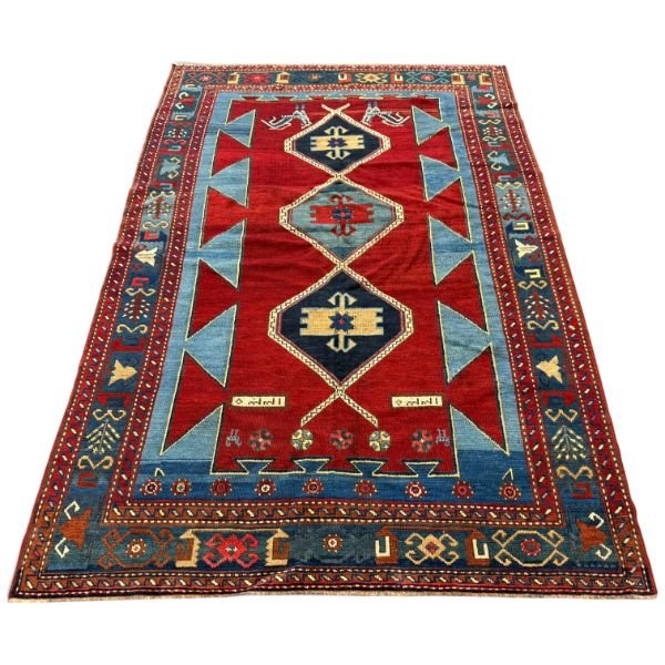 Antique Kazak Rug – Bold Red, Turquoise & Tribal Geometric Design