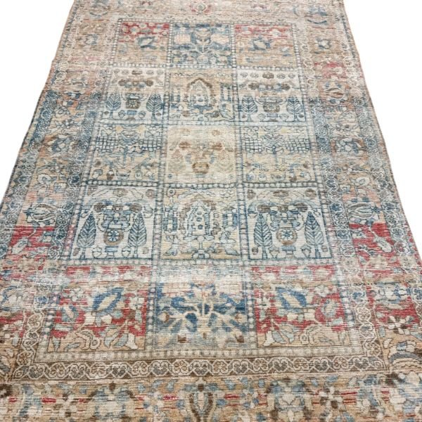 Antique Botanical Rug | Blue and Red Floral Motifs | 4x7